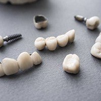 Dental crown and bridge restorations on table top