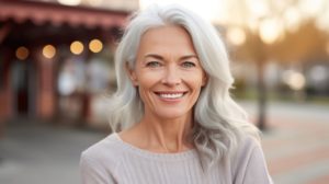 Woman with white hair smiling standing in front of a building outside