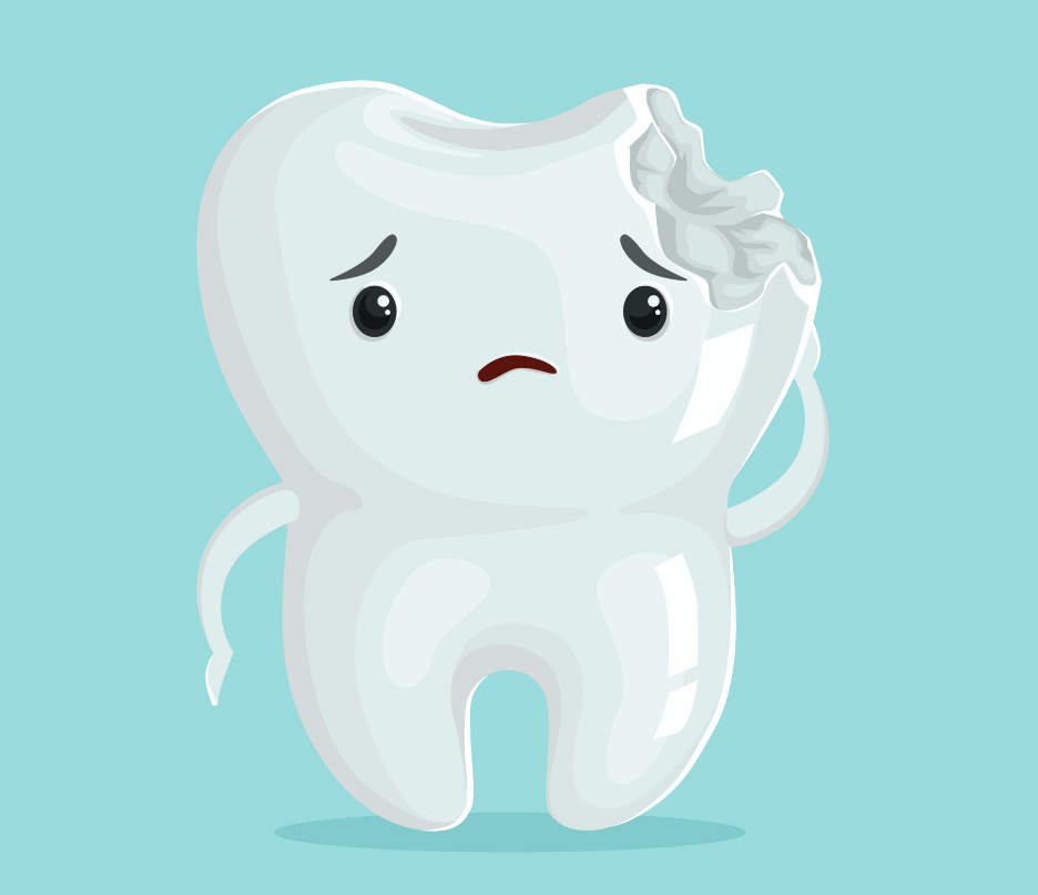 Sad cartoon tooth with a chip